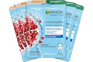 Garnier Set de Masques en Tissu pour le Visage à la Grenade pour Peau Sèche, Revitalisant et Hydratant, Avec Acide Hyaluronique et Extrait de Grenade, SkinActive, Hydra Bomb, 5x 28g