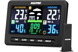 RISEPRO Wireless Wetterstation mit Außenfernbedienung Sensor In Out Temperatur und Luftfeuchtigkeit Wecker Kalender Wettervorhersage Farb-LCD-Display