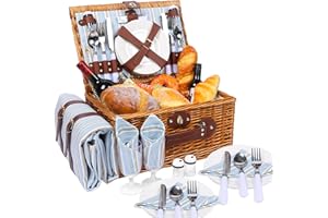 ‎HYBDAMAI HYBDAMAI Picknickkorb Set für 4 Person mit Kühlfach und wasserdichte Picknickdecke, Abnehmbarer Riemen, Besteck Set, für Camping, Strand, Wandern, BBQ und Familie/Paare Geschenke, Zubehör