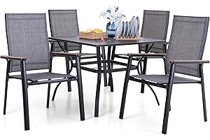 MFSTUDIO Garden Table and Chairs Set 5, Patio Dining Set,Square Metal Steel Slat Table with 1.57" Umbrella Hole and 4 Aluminium Textilene Chairs, Patio, Balcony, Bistro.