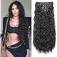 FLUFYMOOZ Clip In Hair Extensions,6PCS Hair Extensions Long Mermaid Waves Wavy Synthetic Clip On Hairpiece For Women 24 Inch (Natural Black)