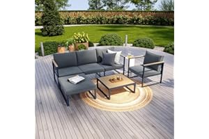 Avril Paris Salon de Jardin Angle Aluminium et Bois Composite 5 Places Gris et Naturel- Valence