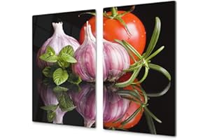 CONCEPT CRYSTAL Couvre-plaques de cuisson en VERRE trempé – Protège-plan de travail et planche à pâtisserie – UNE PIÈCE (60x52 cm) ou DEUX PIÈCES (30x52 cm chacune) ; D07 Fruits et Légumes: Ail