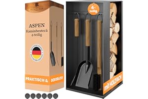 BLACK OAK Kaminbesteck ASPEN 4-teilig - praktisches & repräsentatives Ofenbesteck Set schwarz mit Holzgriff 4 teilig Ständer + Schürhaken Ascheschaufel Kaminbesen Stahl Kaminzubehör Besteck für Ofen