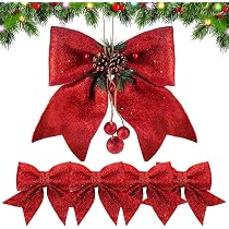 24 Fiocchi Natale Grandi In Velluto Rosso - Decorazione Albero, Ghirlande, Regali - 24x14 Cm