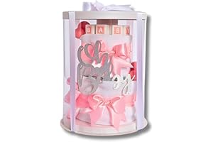 ‎LIMELY limely©, Windeltorte, Geschenk zur Geburt – Premium Geschenkset mit 16 Pampers Windeln, Bio Mullwindeln, Baby Söckchen, Grußkarte & Geschenkverpackung – Tolles Geschenk für Babyparty (Rosa)