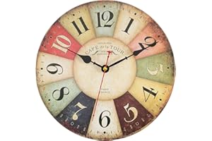 Foxtop Vintage Wall Clock, 34 cm Farmhouse Wooden Wall Clock with Large Arabic Numerals, Non-Ticking Battery Operated Silent Clock for Living Room Bedroom Kitchen Farmhouse Hotel Cafe