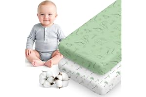 Dreamzie Set Med 2 Dra-På-Lakan 60x120 cm – OEKO-TEX Certifierad Bomull – För Spjälsäng – Passar 60x120 cm Madrasser – Dino V