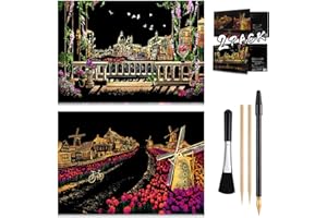 ARTSPER Scratch & Engraving Arts Paper(16" x 11.2") for Kids & Adults, Rainbow Sketch Painting Landscape Scratchboard, Craft Kits: 2 Pack with 4 Tools - Drawing Pens, Brush(Venice/Netherlands)