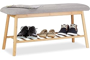 Relaxdays Banco Zapatero Moderno, Bambú, Gris-Beige, 44 x 90 x 34 cm