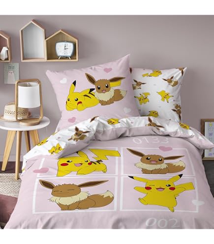 Parure De Lit Pokémon - Housse De Couette 135x200 Cm + Taie D'oreiller 80x80 Cm - Pikachu, Évoli & Amis - Certifiée Öko-Tex - 4