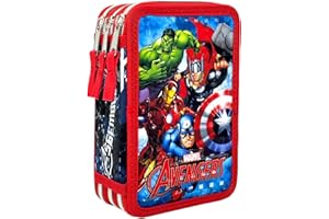 Clondo Astuccio 3 Scomparti 3D Bambini, Per Avengers Fan, Triplo Riempito, 44 Accessori Scuola Elementare Bambino, 3 Zip, 20 Centimetri