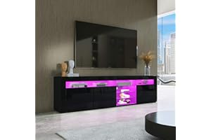 T AUNTY STORE Modern TV Stand for Living Room with LED Lights 3 Doors Storage, High Gloss Black TV Stand, TV Entertainment Center for Home Furniture, Television Stands 180cm