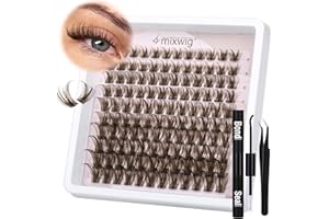 LVMIXWIG Brown Lash Clusters Kit, Natual Fishtail Lash Extension Kit, Wispy Eyelash Clusters, C Curl, Individual Lashes Kit with Lash Bond and Seal, Lash Applicator