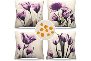 HomeStilez Set di 4 Federe per Cuscini Impermeabili Lino 45 x 45 cm Copricuscini Fiori Viola Piante Lavabili Decorativi Copricuscino Divano per La Casa del Giardino Caffè Giardino Soggiorno Estate
