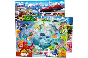 Bodenpuzzle ab 4 5 6-3 Set Puzzle 150 Teile Kinder von QUOKKA - Kinderspiele ab 4 5 Jahre Zum Lernen von Ozeanen, Tieren und Fahrzeugen - Spielzeug für Jungen und Mädchen 7 8