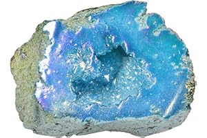 Nupuyai Cristaux de Quartz Geode Naturels Angel Aura Quartz, Spécimen de Quartz Enduit de Titane Amas de Cristal Arc-en-Ciel 100-200g, Bleu Clair