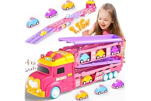 Hot Bee Cars Toy for Girls Ages 2 3 4 5, Transporter Truck with 6 Race Cars, Vehicle Play Set, Toddler Gift, Gift for Girl Pink Toy Truck for Kids