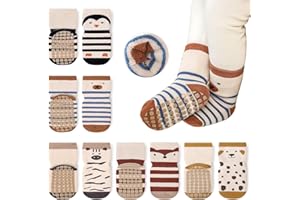 Auranso Baby Socks 5 Pairs Boys Winter Warm Terry Non Slip Grip Socks Girls Cartoon Pattern Thick Thermal Toddler Socks with Grips 6 12 18 Months, UK Size 1-9.5 Kids