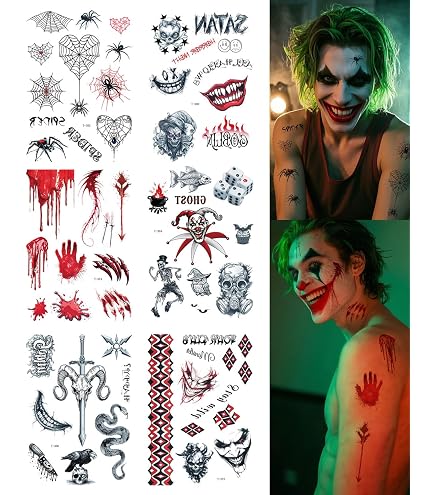 5 Feuilles De Tatouages Temporaires Halloween Joker/Clown - Idéal Pour Déguisement, Mascarade Et Cosplay - 5