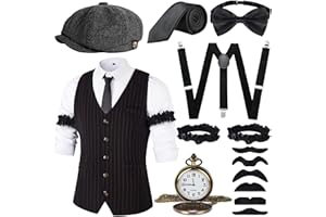 JONRRYIN Costume Homme Année 20 Accessoires, 1920 Déguisement Mafieux Homme Set, Robe annee 20 Hommes Accessoires avec Gilets et Divers Accessoires pour Halloween, Carnaval