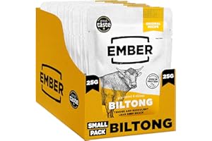 Ember Beef Biltong Original 250g - High Protein Meat Jerky Snack - Ready to Eat, Low Fat, No Added Sugar, Keto, No Artificial Colours or Flavours - Box of 10 x 25g Packs from a Family-Run UK Business