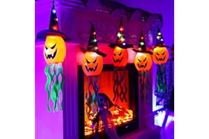 VOTHEN Decoración Halloween Calabaza Luz LED: Calabaza con Sombrero de Bruja, Luces de Fantasma de Halloween, Sombrero Iluminado Colgante de 3 m para Interior, Exterior, jardín, Patio, Porche, árbol