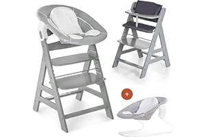 hauck Seggiolone Pappa Alpha Plus Newborn - Sediolone Pappa Bimbi con Sdraietta Neonati Dondolo e Cuscino - Seggiolone Evolutivo Legno - Classic, Grigio