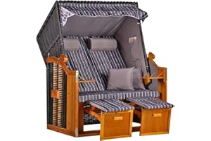 ‎MR. DEKO MR. DEKO® Strandkorb Ostsee Volllieger 2-Sitzer | PE Geflecht Schwarz Bezug Uni grau | inkl. 4 Kissen & Klapptisch | Strandstuhl verstellbar | Strandkörbe Hartholz Fußablage (Dessin Anthrazit Braun)