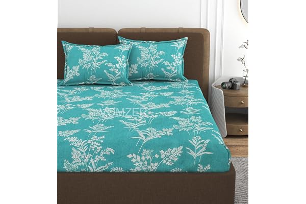 VOMZER 320 TC Cotton Feel All Around Elastic Fitted Floral Bedsheets King Size, Premium Fitted Bedsheets King Size for Double Bed with 2 Pillow Covers, Size- 78 x 72 (Aqua Lily)