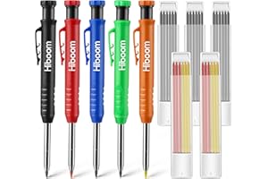 HIBOOM Tieflochmarker, Tischler Bleistift, 5 Stück Set mit 35 Bleistiftminen (Eingebauter Anspitzer), Zimmermannsbleistift Handwerker Maurerbleistift DIY Werkzeug auf Holz Beton Fliesen, Design Patent