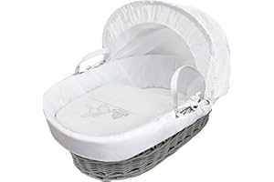 ELEGANT BABY White Teddy Wash Day Grey Wicker Moses Basket with Full Bedding Set, Adjustable Hood, Fibre Mattress & Padded Liner