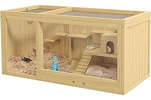 PawHut Wooden Hamster Cage with Water Bottle, Small Animal Exercise Play House with Platforms, Openable Roof, Sliding Tray, Hut, Seesaws, Natural Wood Finish