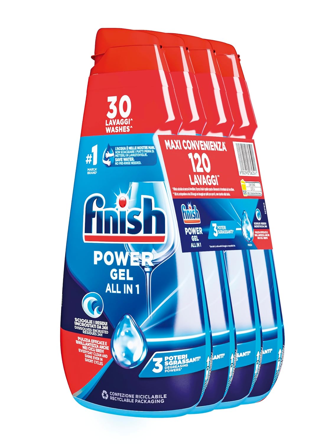 Finish Powergel Detersivo Lavastoviglie Fresh, Gel Lavastoviglie, 120 Lavaggi, 4 confezioni da 30 Lavaggi di Liquido Lavastoviglie