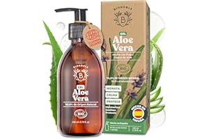 Bionoble Gel de Aloe Vera Orgánico 200ml - Hecho con Pulpa Fresca de Aloe 100% Puro y Lavanda - Sin Xantano - Rostro, Contorno de Ojos, Cuerpo, Cabello - Botella de vidrio + Bomba