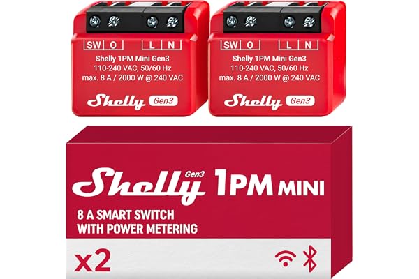 Shelly 1PM Mini Gen3 - Micromodule interrupteur Wi-Fi, 1 Canal 8A, Compteur consommation électrique, Éclairage connecté, Commande à distance app, Compatible Alexa, Google Home, SmartThings - Lot de 2