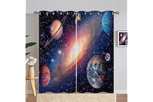 ANHOPE Planet Curtains Eyelet Ring Top Thermal Insulated 80% Blackout Curtains with Space Galaxy Earth Print Pattern Window Drapes for Kids Boys Girls Bedroom Living Room 46 x 72 Inch Drop 2 Panels