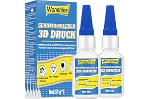 WONSHINE 60g 3D Druck Kleber Extra Stark, Wasserfest Pla kleber, 3D Drucker Kleber Sekundenkleber, Anti-Trocknungsspitze, Schnell Aushärtend, 3D Kleber für PLA, ABS, PETG & TPU