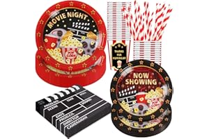 BOIKOKY Movie Night Party Geburtstagsparty Dekorationen, 120 Stück Filmnacht Themen Partygeschirr Einweg Snack Inklusive Pappteller, Servietten, Becher und Strohhalme | für 24