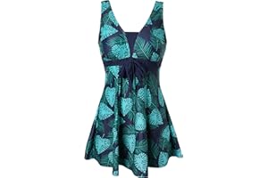 Ecupper Maillot de Bain Une Pieces pour Femme Rétro Jupe avec Volantée Contrôle du Ventre Push Up Col en V