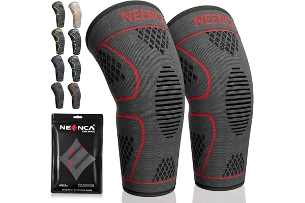 NEENCA Genouillère Sport(2 Pack), Genouillère Rotulienne de Compression Respirant, Attelle Genou Ligamentaire pour Déchirure du Ménisque, Arthrose, Récupération de Blessur, Course, Football (M, Rouge)