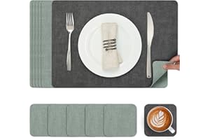 Myir JUN Placemats and Coasters Set of 6, Place Mats Dual Sided Faux Leather Table Mats PU Indoor Outdoor Heat Resistant Placemat Square Non Slip Wipeable Washable Dining Restaurant (Gray Sage Green)