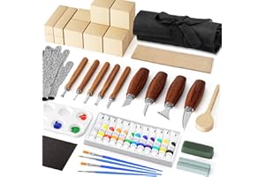 OZZAGAR Kit Sculpture Bois, Outil de Ciseaux à Bois Kit, Couteau Sculpture Bois Kit avec Blocs de Sculpture en Tilleul, Sculpture Bois pour Débutants Professionnels, Gants Résistants aux Coupures, Sac Léger