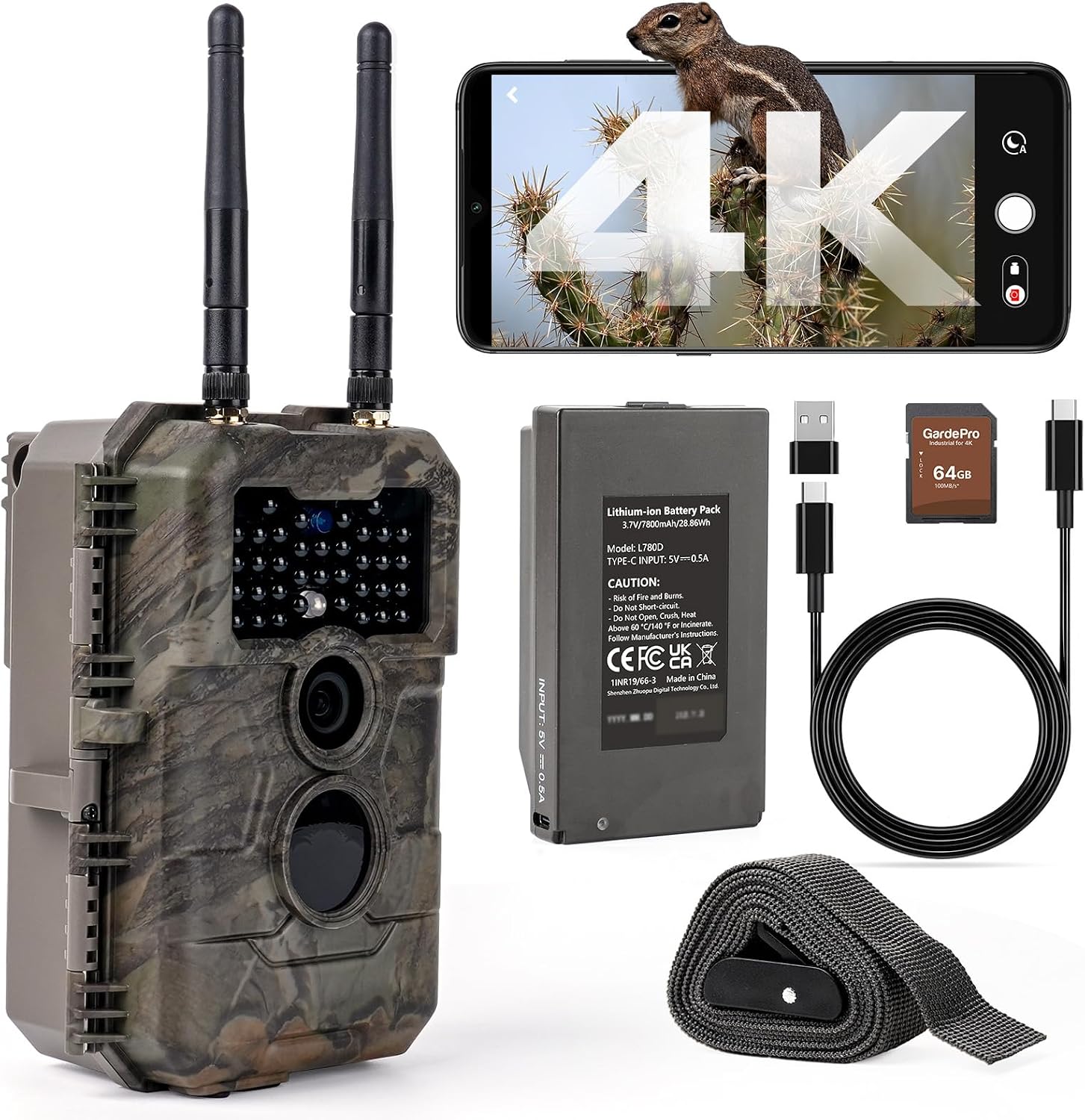 GardePro E6 2.0 Pro Camara Fototrampeo 4K WiFi, Batería de 7800 mAh y Tarjeta SD de 64 GB, Alcance Wi-Fi de 50 Metros, 64MP Cámara Caza, IP66 Cámara Fototrampeo con Envío al Móvil