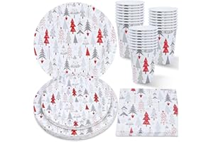 ZVK Vajilla de fiesta, Juego de Platos, Servilletas, Vasos Árbol de Navidad blanco 96 piezas Juegos de vajilla para fiestas de papel Juegos de cubiertos desechables para Navidad, Año Nuevo