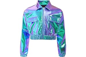 TiaoBug Mädchen Metallic Jacke Langarm Hemd Bluse Kurze Übergangsjacke mit Reisverschluss Modern Jazz Hip Hop Tanz 70er 80er Jahre Outfit
