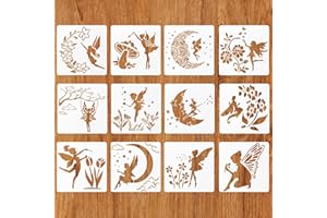 MWOOT 12 Piezas Plantillas para Pintar Hadas, Stencil Plantillas con patrón Ángel Luna Flores Reutilizable para Pintar Muebles, Painting Template para Suelo Pared Tela(20x20cm)