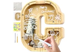 Lakpopya Huchas Originales para Niños Hucha Infantil Niña Niño de Alfabeto A-Z Hucha Personalizada Hucha de Madera Transparente con Pegatinas & Rotulador & Destornillador, Regalo para Infanti (C)