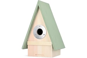 Navaris Wooden Bird House - Pine Wood House Shaped Bird Nesting Box for Garden - Little Bird House for Nesting, Housing Robins, Blue Tits, Sparrows