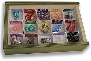 MINERALES Y FOSILES NANO Colección de 15 Minerales del Mundo en Caja de Madera Natural - Minerales Reales educativos con Etiqueta informativa a Color. Kit de Ciencia de Geología para niños.